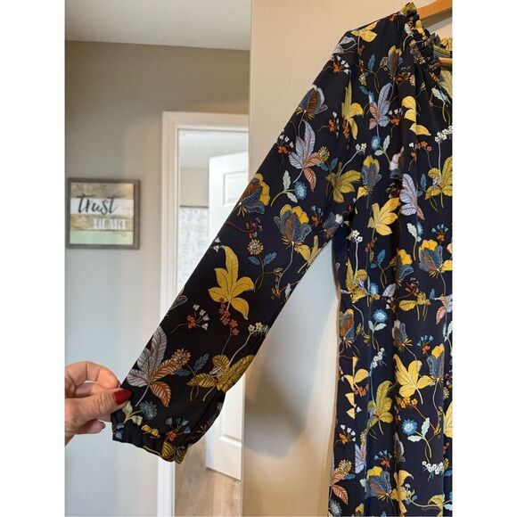 Loft Plus Size 14 Long Sleeve Peasant Shift Dress Navy Blue Floral Leaf Print - Picture 11 of 16